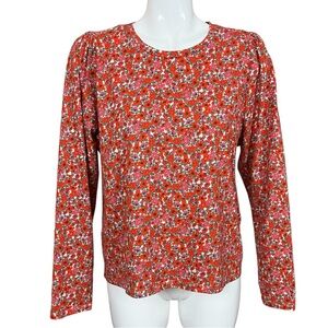 J. Crew Red Floral Puff Long Sleeve Crew Neck Cotton Tee Size XL